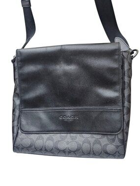 Coach Signature Monogram Crossbody Messenger Bag Black Charcoal Leather f54771